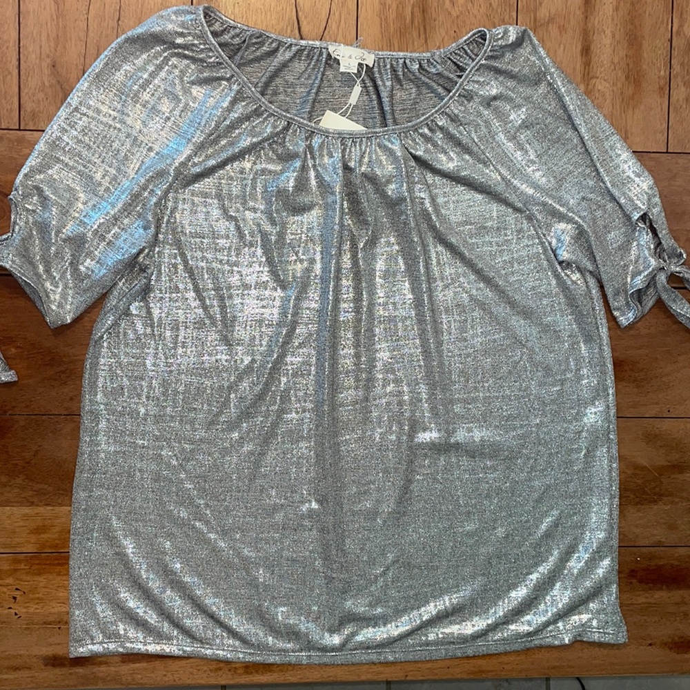 Emi & Joe Silver short sleeve round collared casual formal blouse Large- NWT